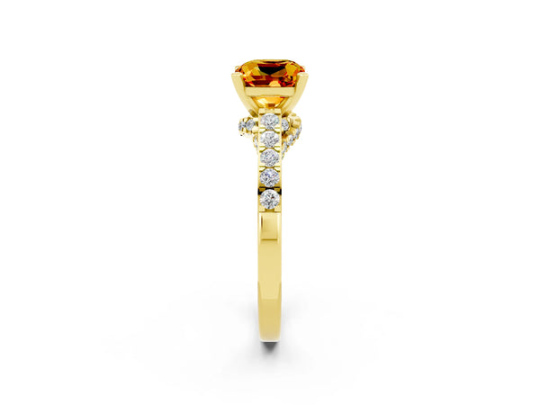 Yellow gold Cushion Cut Citrine Solitaire Ring with Crossover Gallery and Round  Pavé Band