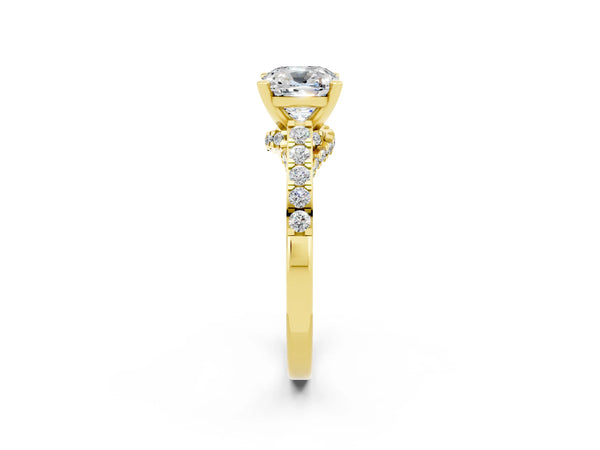 Yellow gold Cushion Cut Moissanite Solitaire Ring with Crossover Gallery and Round  Pavé Band