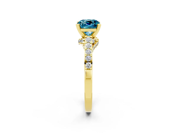 Yellow gold Cushion Cut Blue Topaz Solitaire Ring with Crossover Gallery and Round  Pavé Band