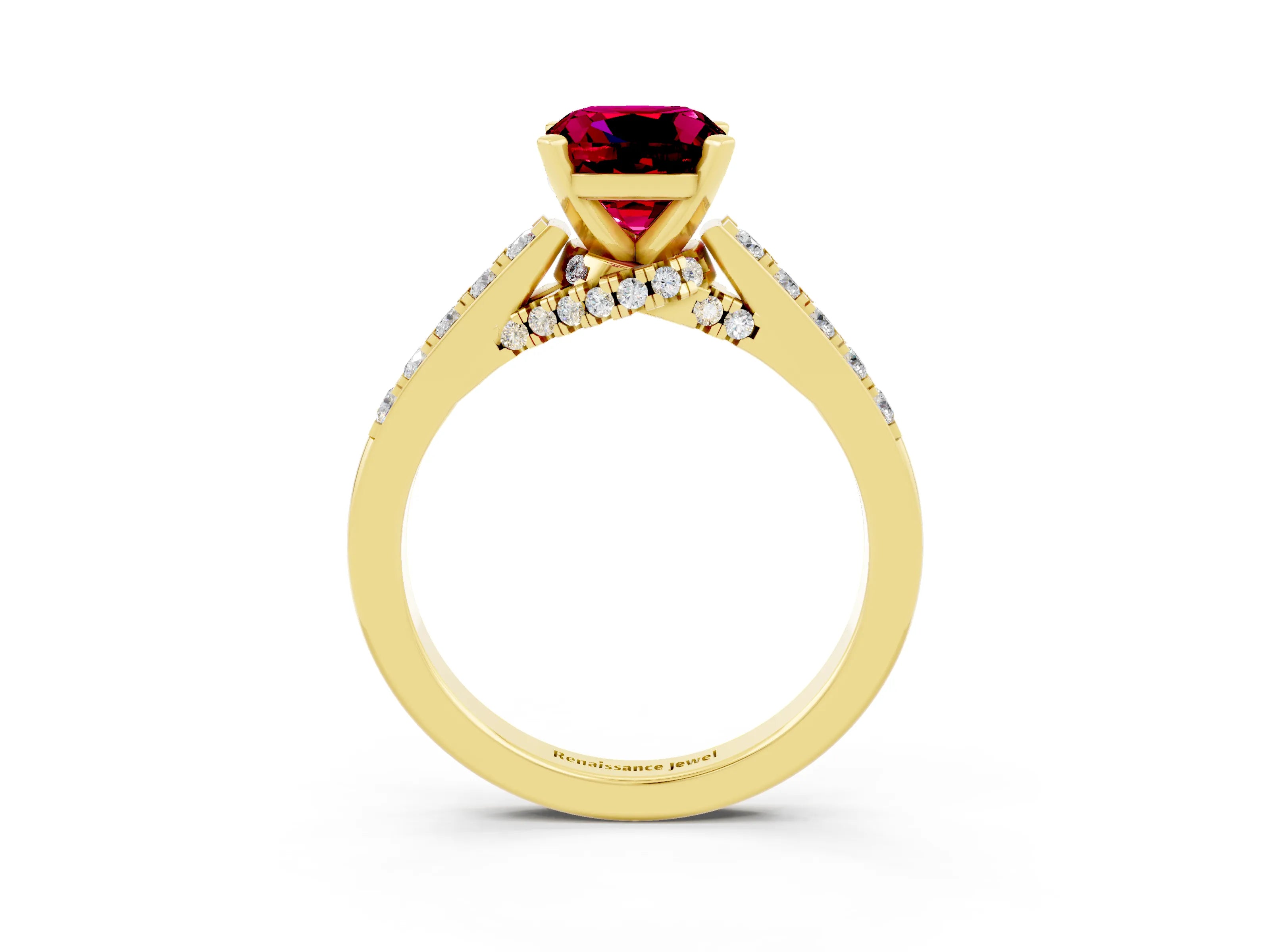 Yellow gold Cushion Cut Diamond Solitaire Ring with Pavé Band and Prong Setting_3