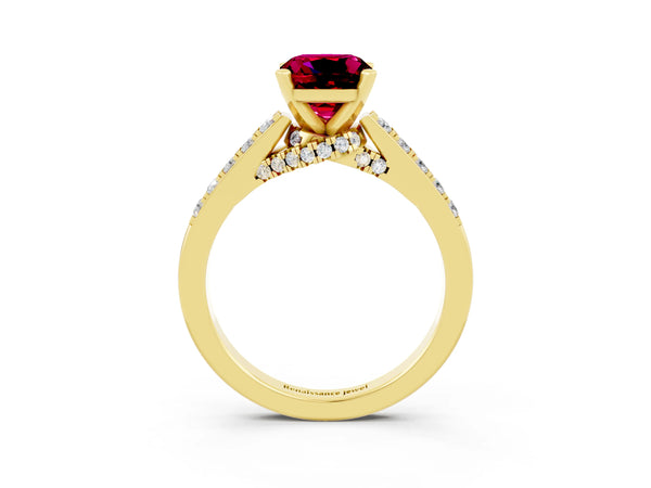 Yellow gold Cushion Cut Garnet Solitaire Ring with Crossover Gallery and Round  Pavé Band