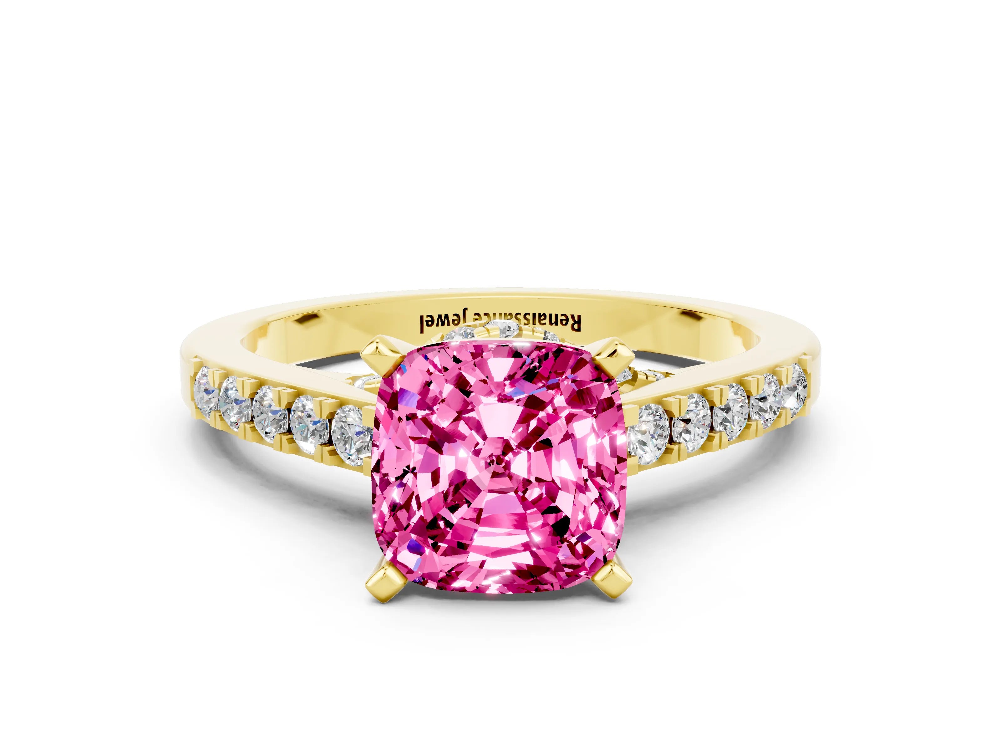 Yellow gold Cushion Cut Diamond Solitaire Ring with Pavé Band and Prong Setting
