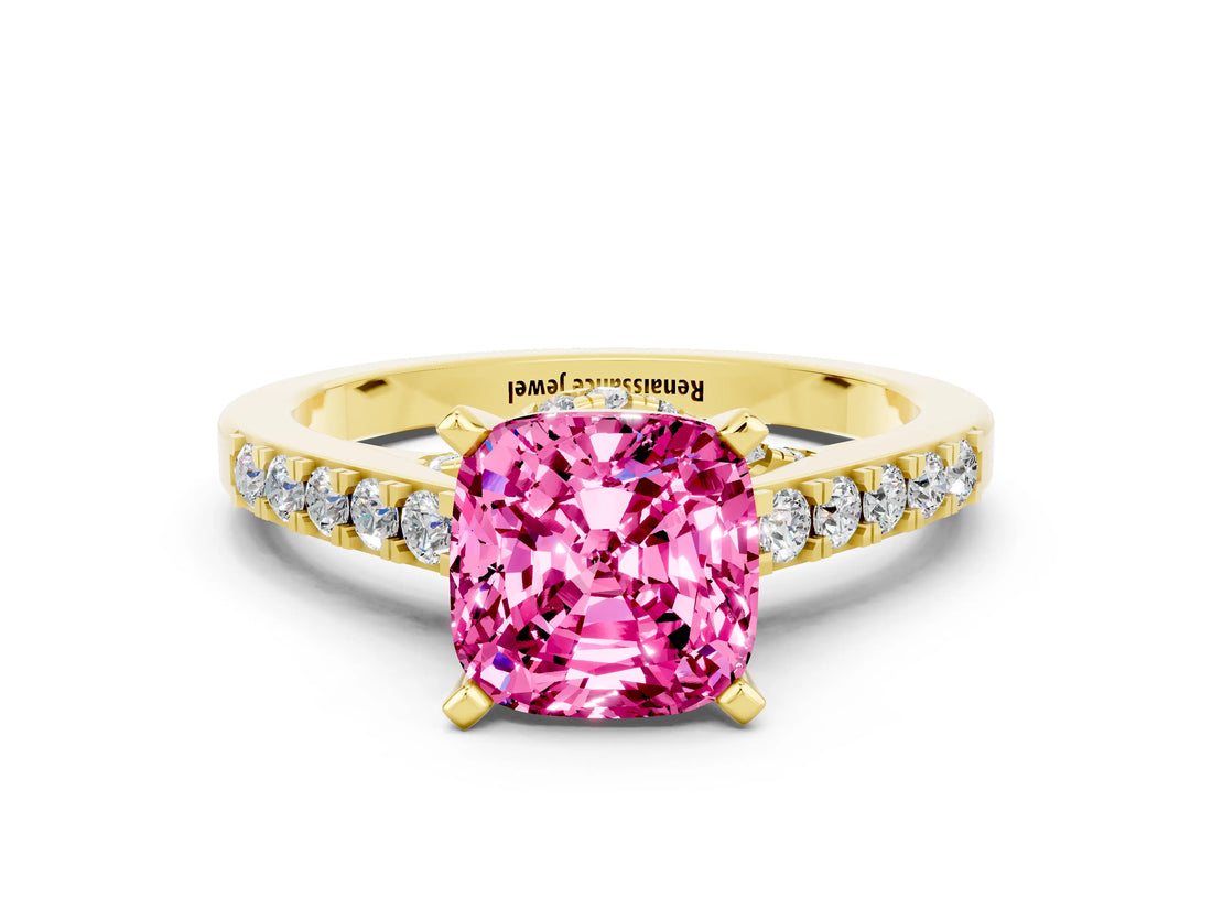 Yellow gold Cushion Cut Diamond Solitaire Ring with Pavé Band and Prong Setting