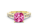Yellow gold Cushion Cut Diamond Solitaire Ring with Pavé Band and Prong Setting