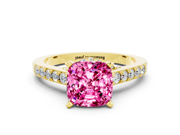 Yellow gold Cushion Cut Pink Sapphire Solitaire Ring with Crossover Gallery and Round  Pavé Band