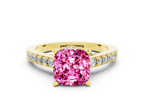 Yellow gold Cushion Cut Diamond Solitaire Ring with Pavé Band and Prong Setting