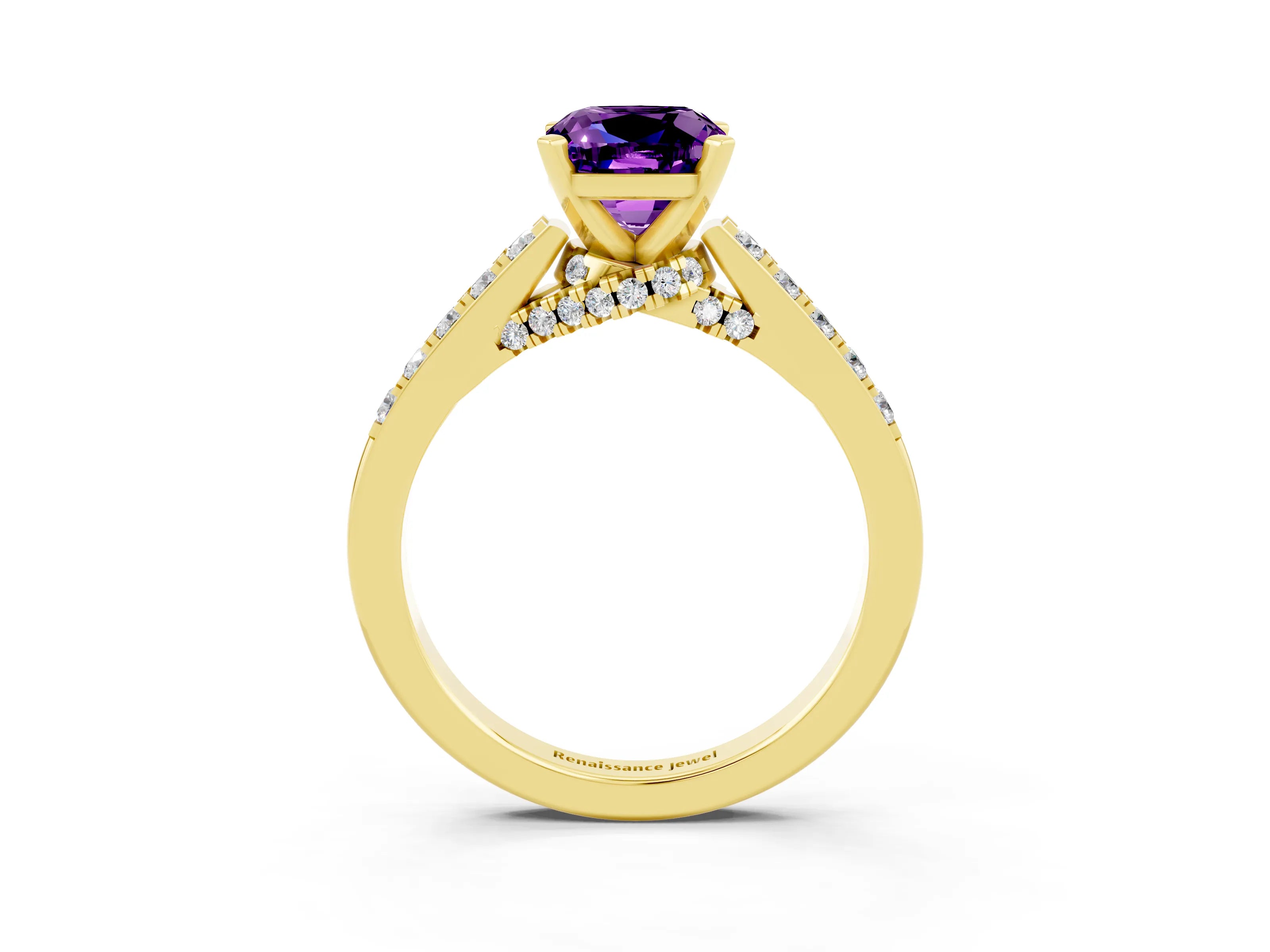 Yellow gold Cushion Cut Diamond Solitaire Ring with Pavé Band and Prong Setting_3