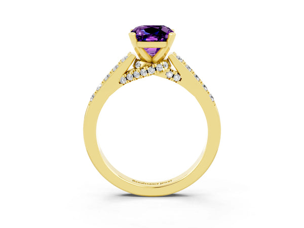 Yellow gold Cushion Cut Amethyst Solitaire Ring with Crossover Gallery and Round  Pavé Band