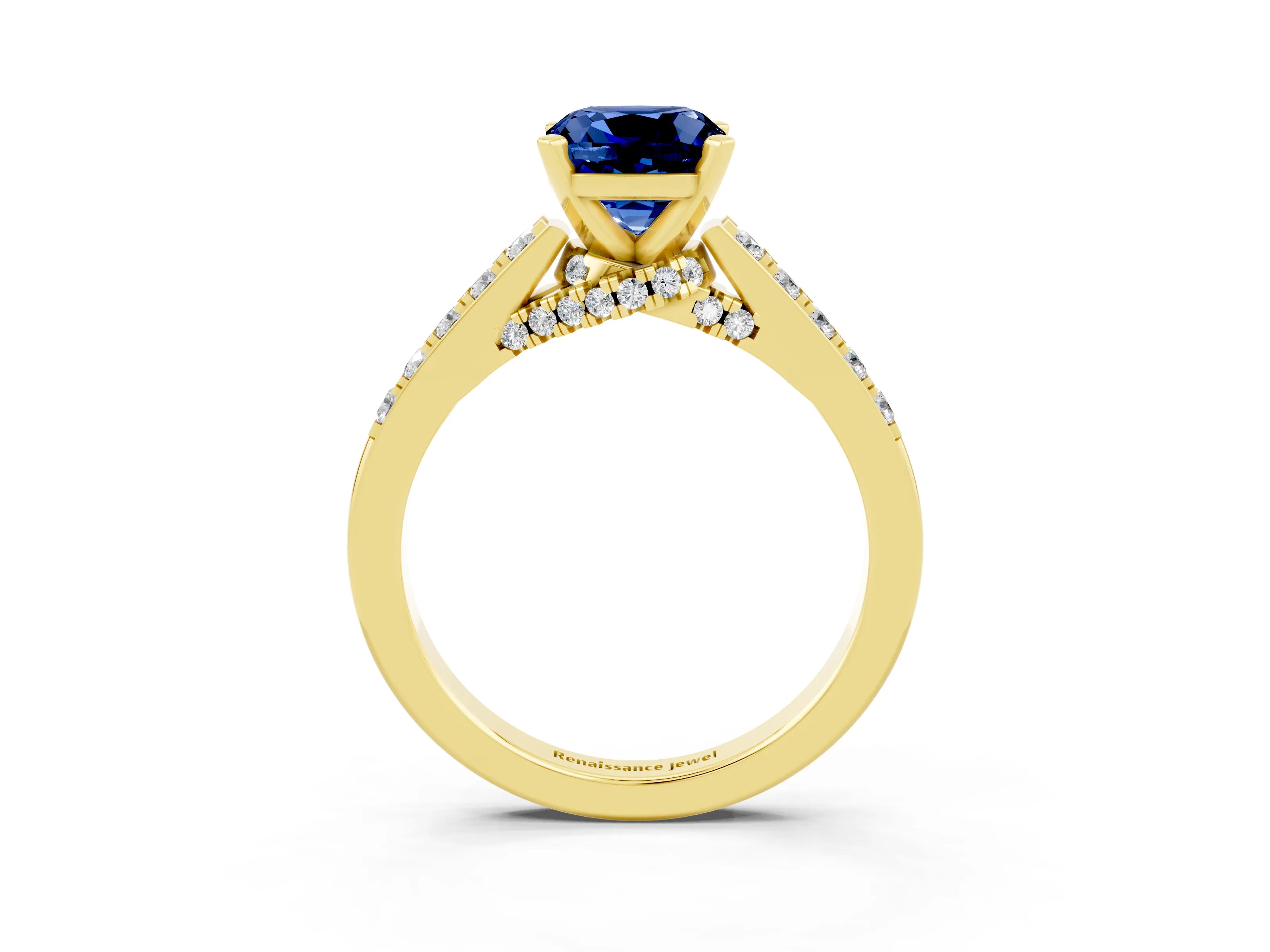 Yellow gold Cushion Cut Diamond Solitaire Ring with Pavé Band and Prong Setting_3