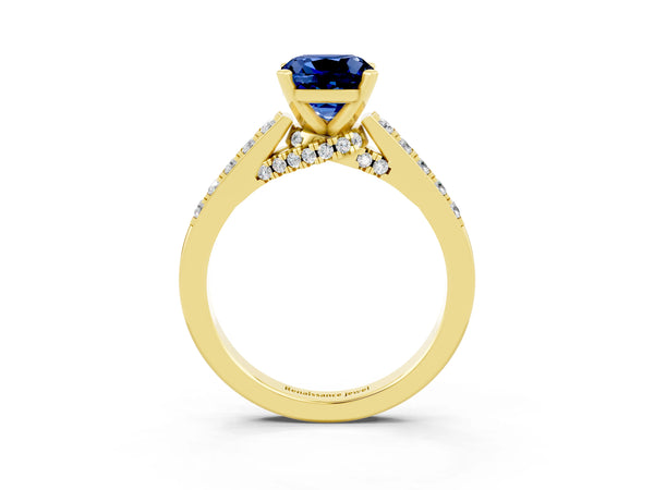 Yellow gold Cushion Cut Blue Sapphire Solitaire Ring with Crossover Gallery and Round  Pavé Band
