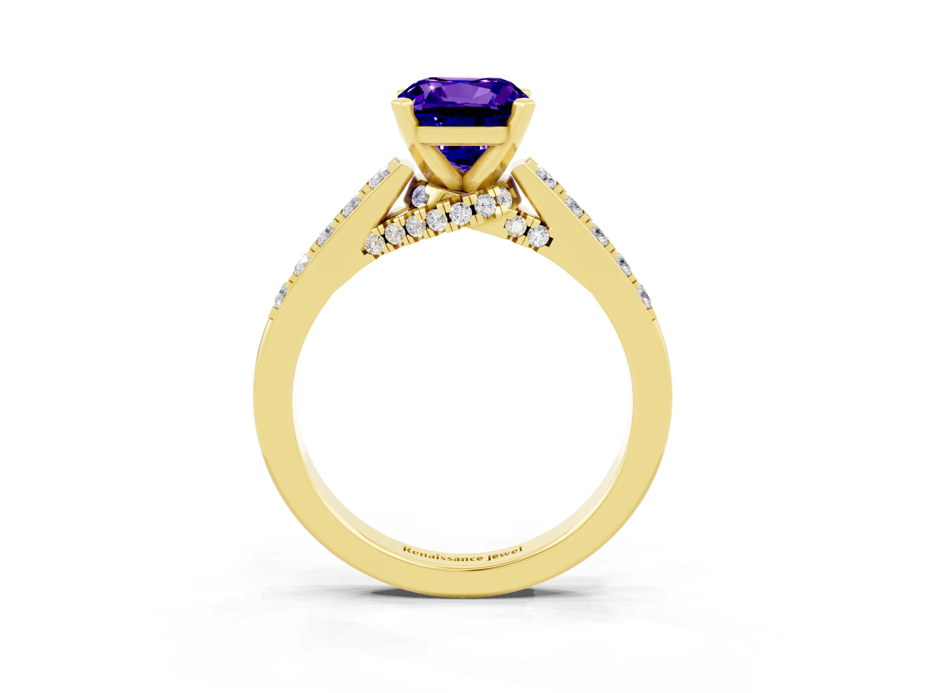 Yellow gold Cushion Cut Diamond Solitaire Ring with Pavé Band and Prong Setting_3