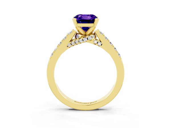 Yellow gold Cushion Cut Tanzanite Solitaire Ring with Crossover Gallery and Round  Pavé Band