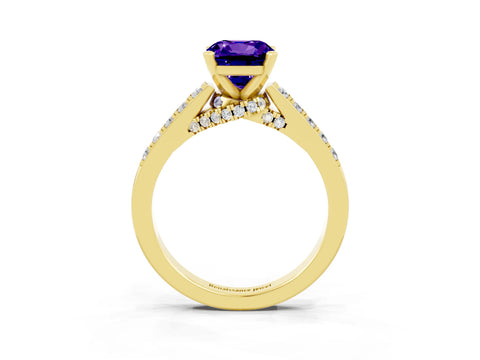 Yellow gold Cushion Cut Diamond Solitaire Ring with Pavé Band and Prong Setting_3