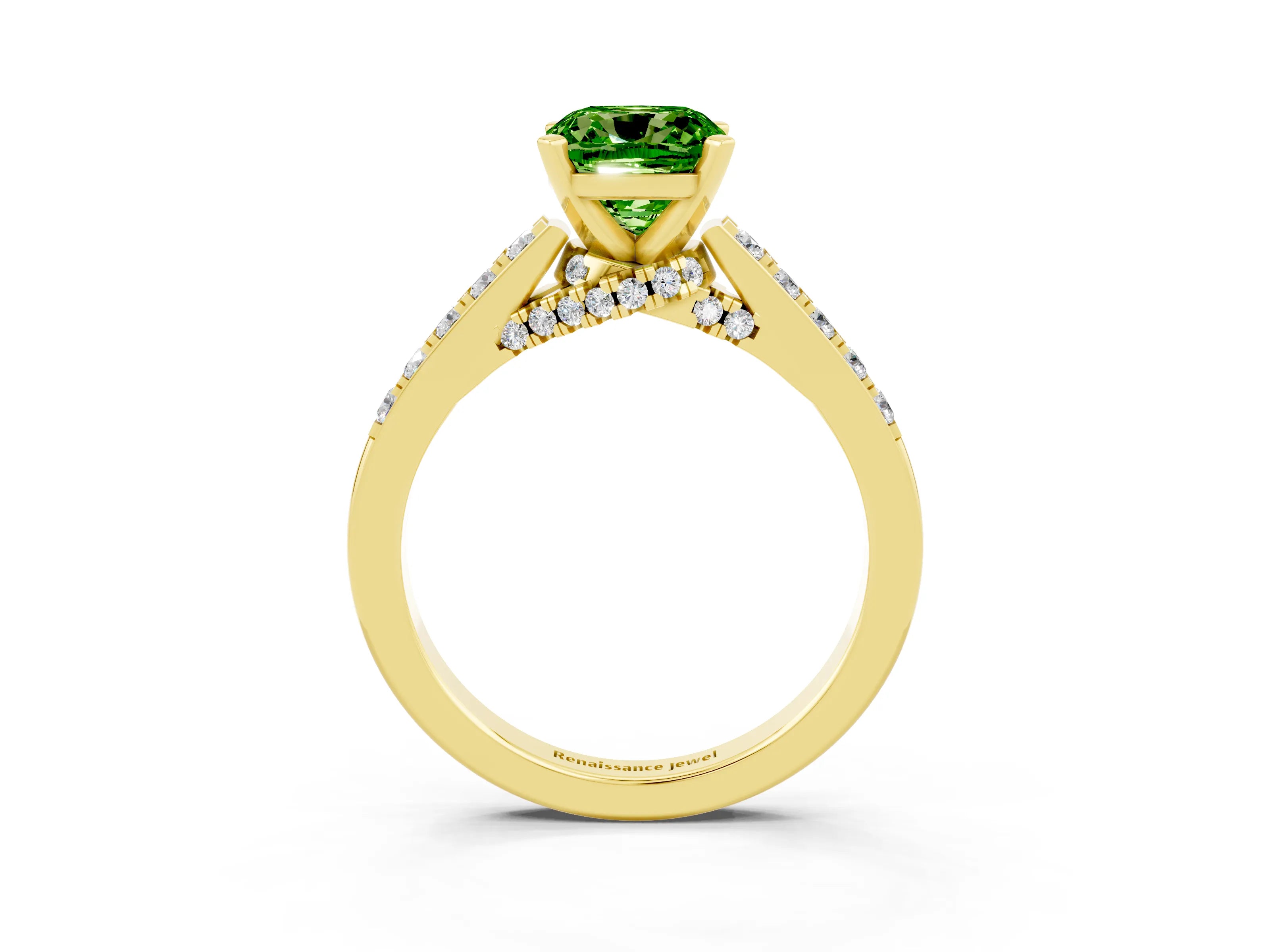 Yellow gold Cushion Cut Diamond Solitaire Ring with Pavé Band and Prong Setting_3