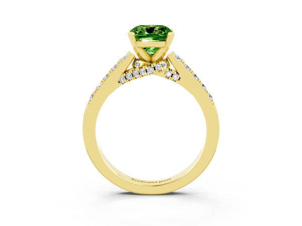 Yellow gold Cushion Cut Peridot Solitaire Ring with Crossover Gallery and Round  Pavé Band