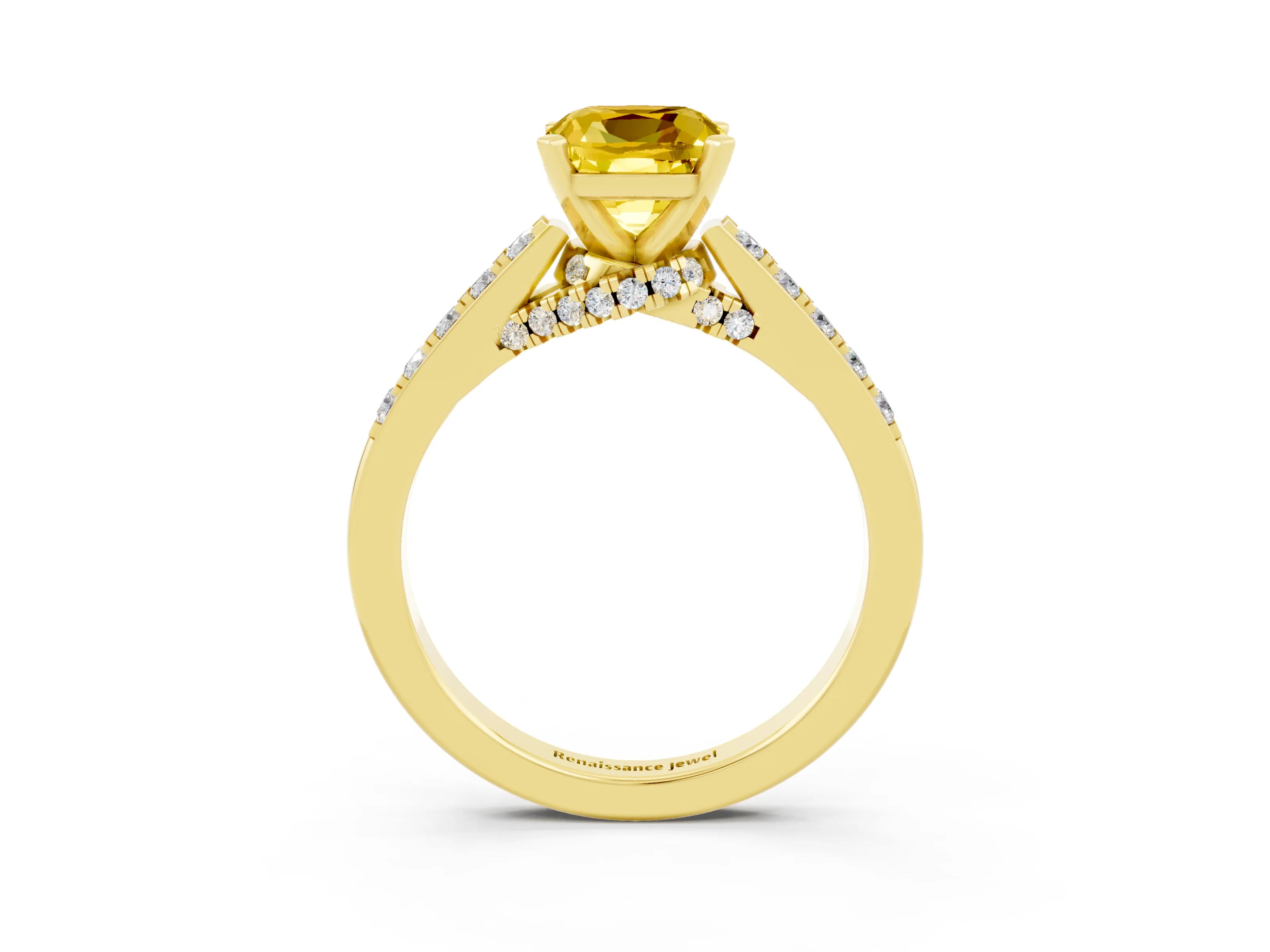 Yellow gold Cushion Cut Diamond Solitaire Ring with Pavé Band and Prong Setting_3