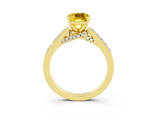 Yellow gold Cushion Cut Yellow Sapphire Solitaire Ring with Crossover Gallery and Round  Pavé Band