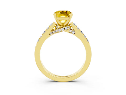 Yellow gold Cushion Cut Diamond Solitaire Ring with Pavé Band and Prong Setting_3