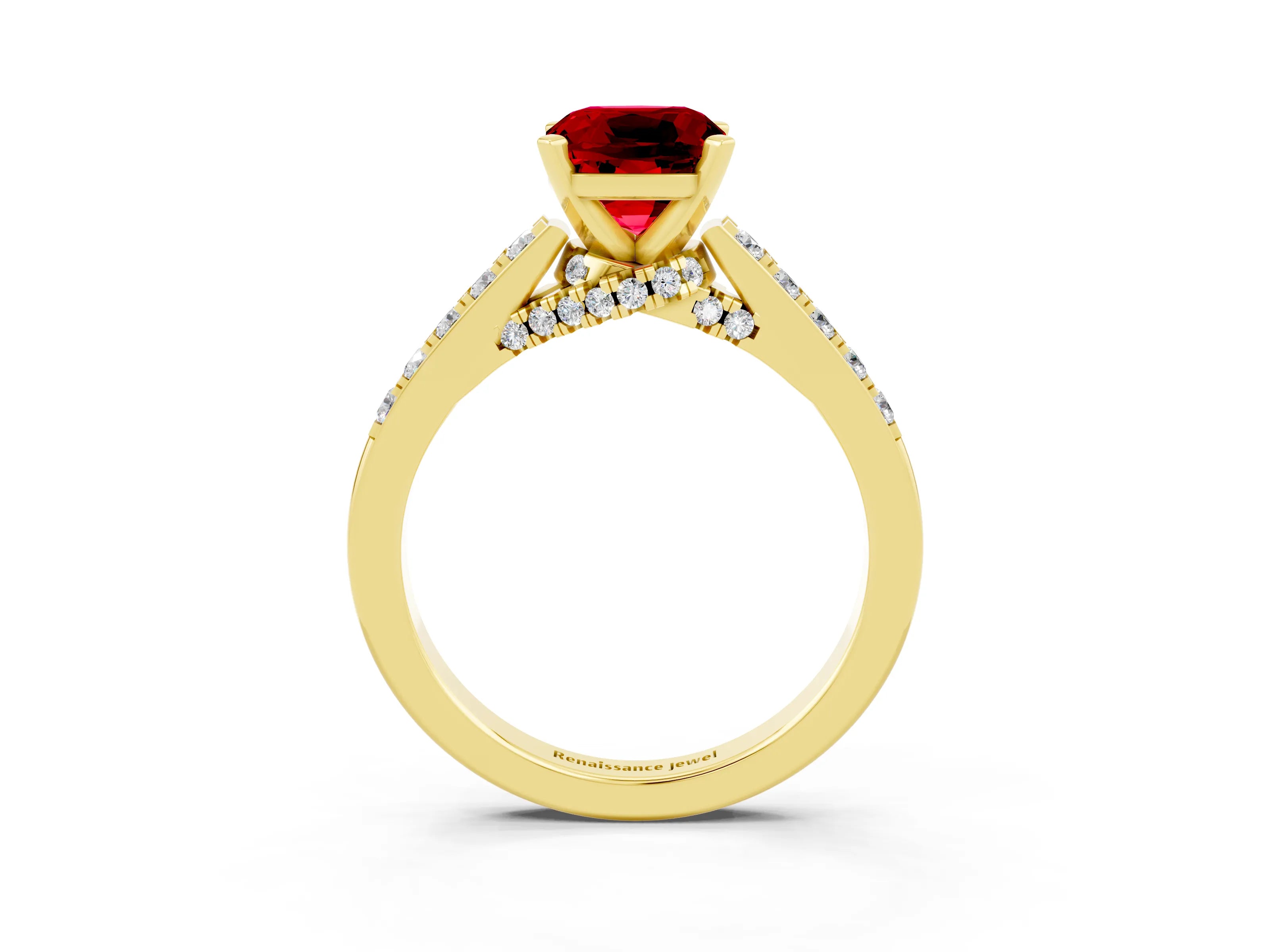 Yellow gold Cushion Cut Diamond Solitaire Ring with Pavé Band and Prong Setting_3