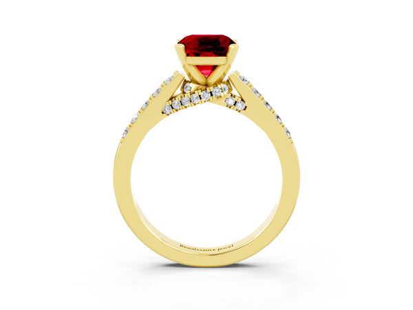 Yellow gold Cushion Cut Ruby Solitaire Ring with Crossover Gallery and Round  Pavé Band
