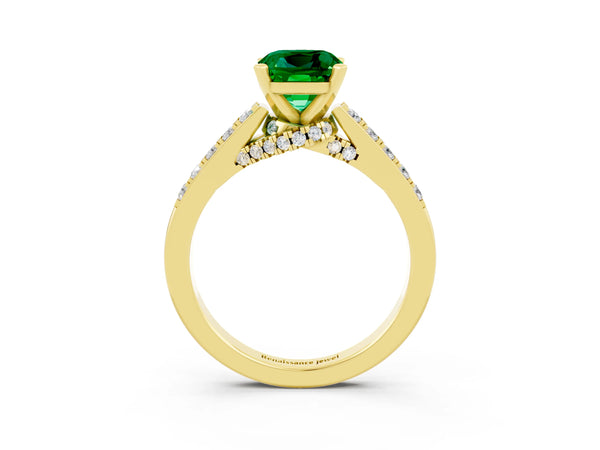 Yellow gold Cushion Cut Emerald Solitaire Ring with Crossover Gallery and Round  Pavé Band