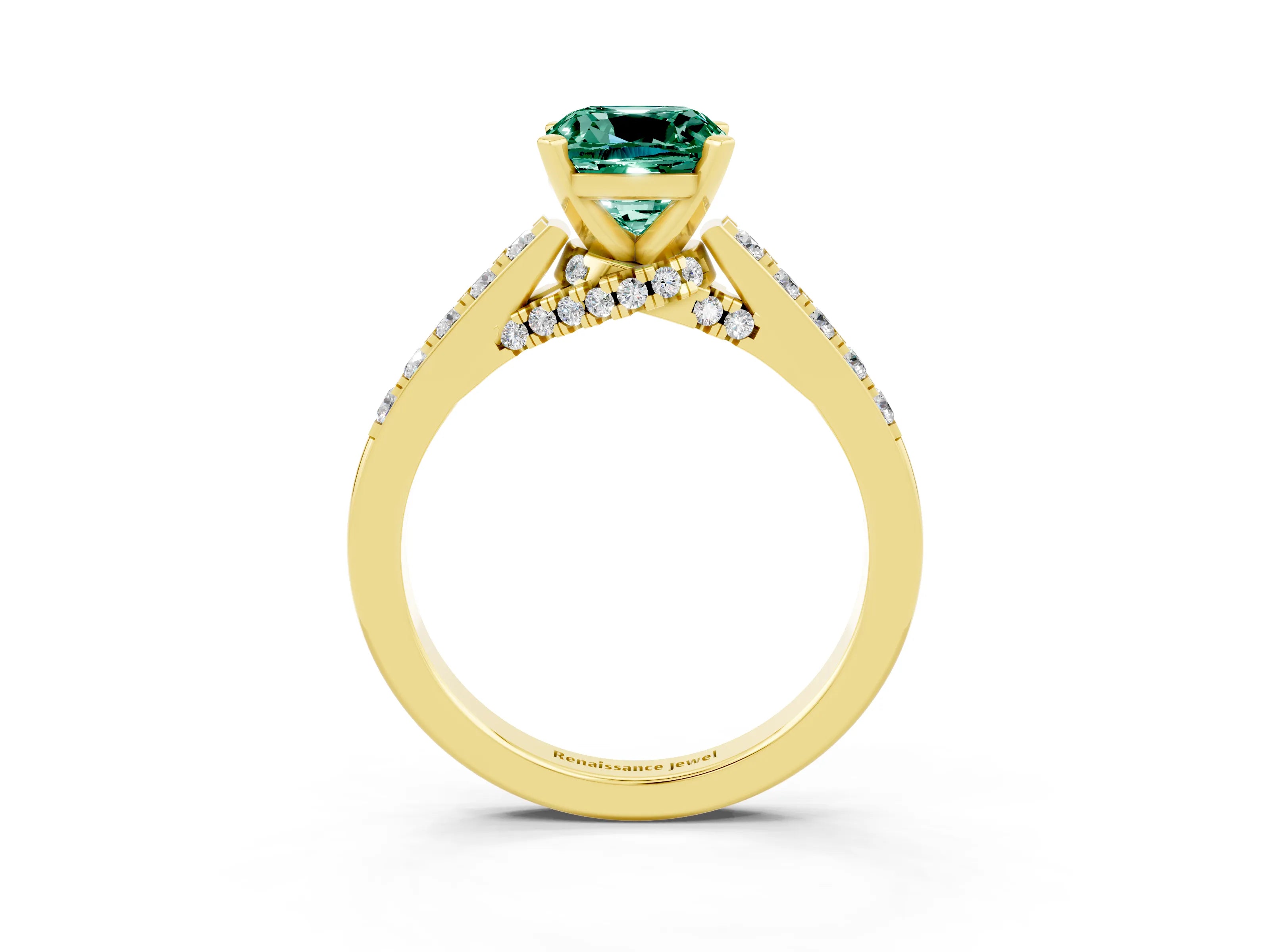 Yellow gold Cushion Cut Diamond Solitaire Ring with Pavé Band and Prong Setting_3