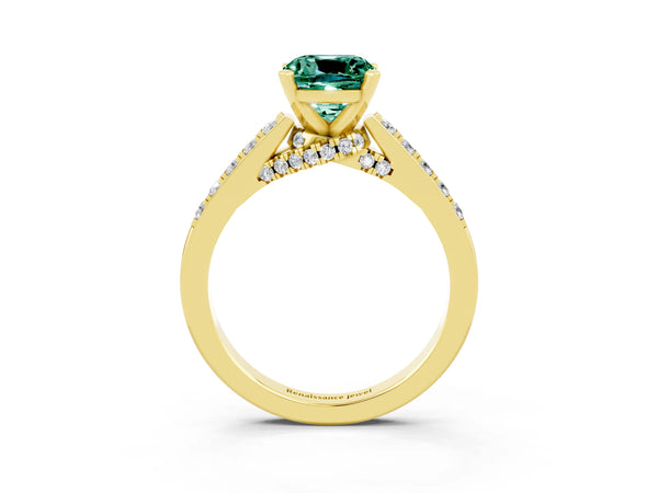 Yellow gold Cushion Cut Green Sapphire Solitaire Ring with Crossover Gallery and Round  Pavé Band