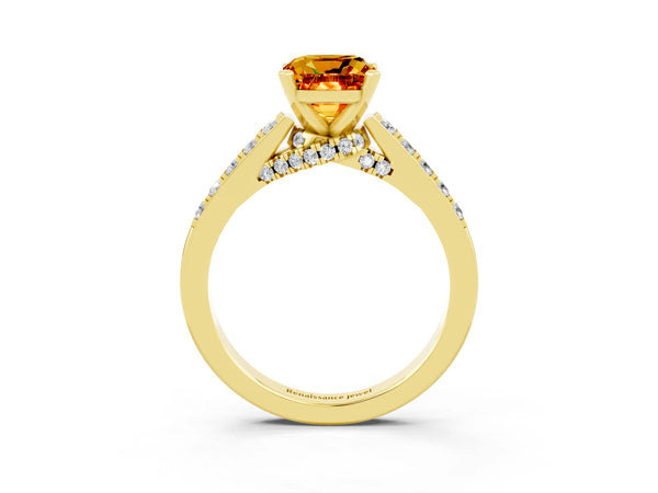 Yellow gold Cushion Cut Citrine Solitaire Ring with Crossover Gallery and Round  Pavé Band