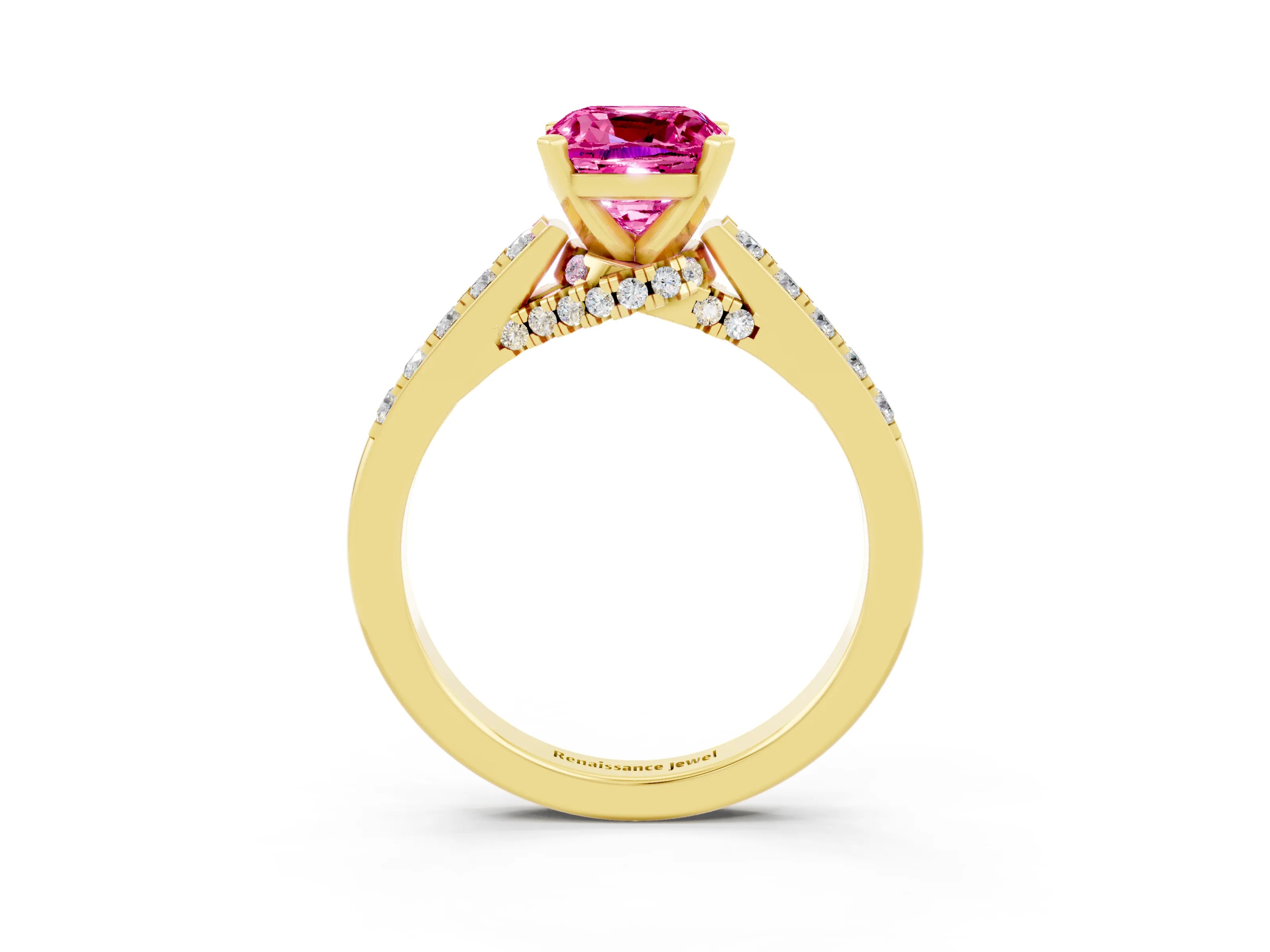 Yellow gold Cushion Cut Diamond Solitaire Ring with Pavé Band and Prong Setting_3