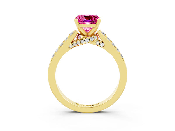 Yellow gold Cushion Cut Pink Sapphire Solitaire Ring with Crossover Gallery and Round  Pavé Band
