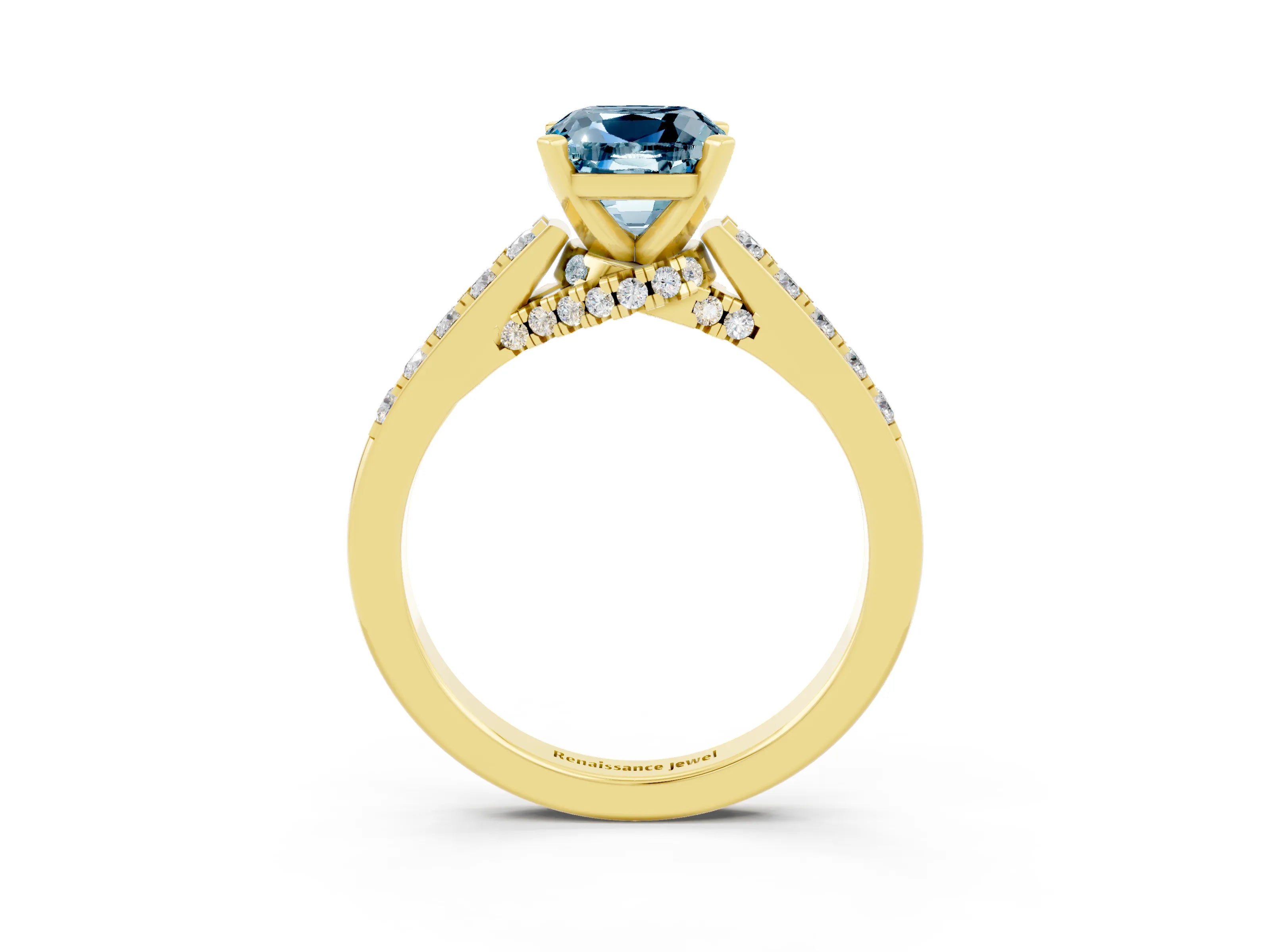 Yellow gold Cushion Cut Diamond Solitaire Ring with Pavé Band and Prong Setting_3