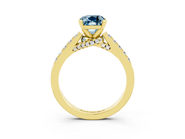 Yellow gold Cushion Cut Aquamarine Solitaire Ring with Crossover Gallery and Round  Pavé Band