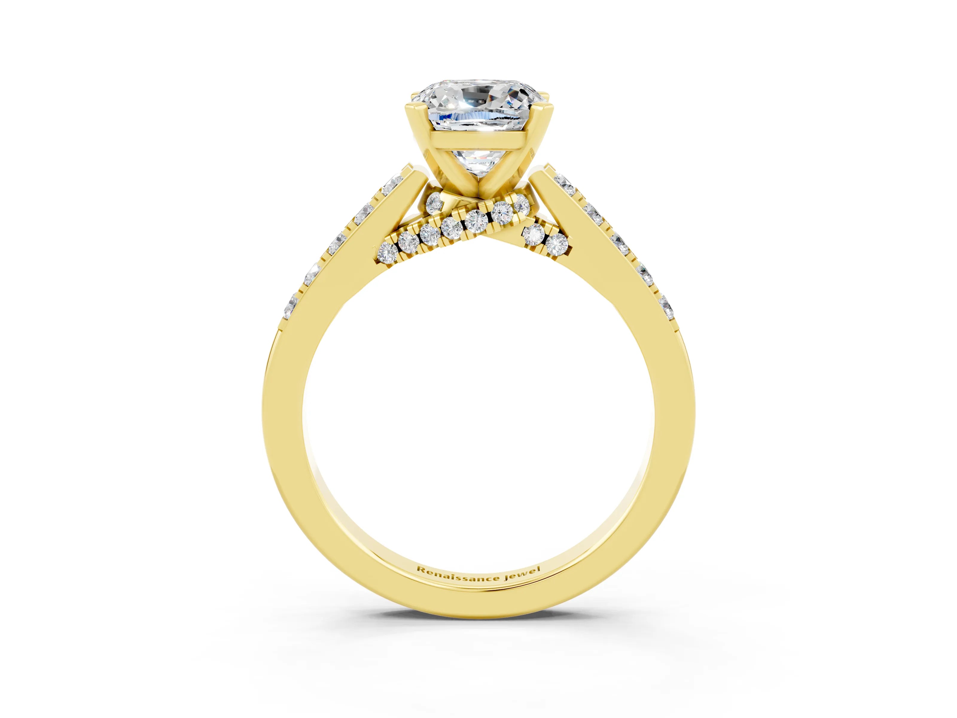 Yellow gold Cushion Cut Diamond Solitaire Ring with Pavé Band and Prong Setting_3