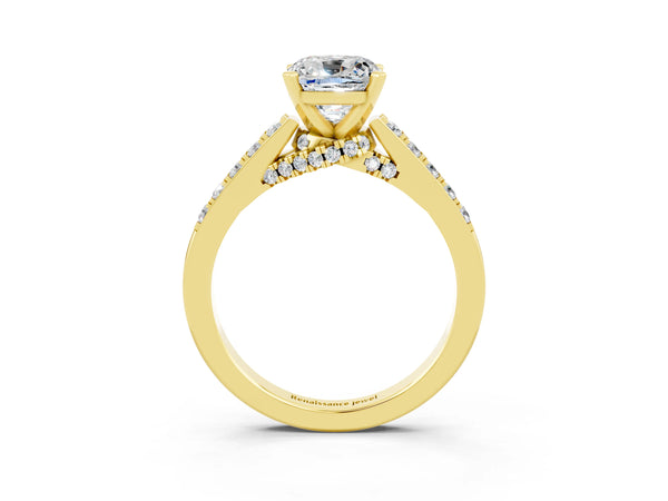 Yellow gold Cushion Cut Moissanite Solitaire Ring with Crossover Gallery and Round  Pavé Band