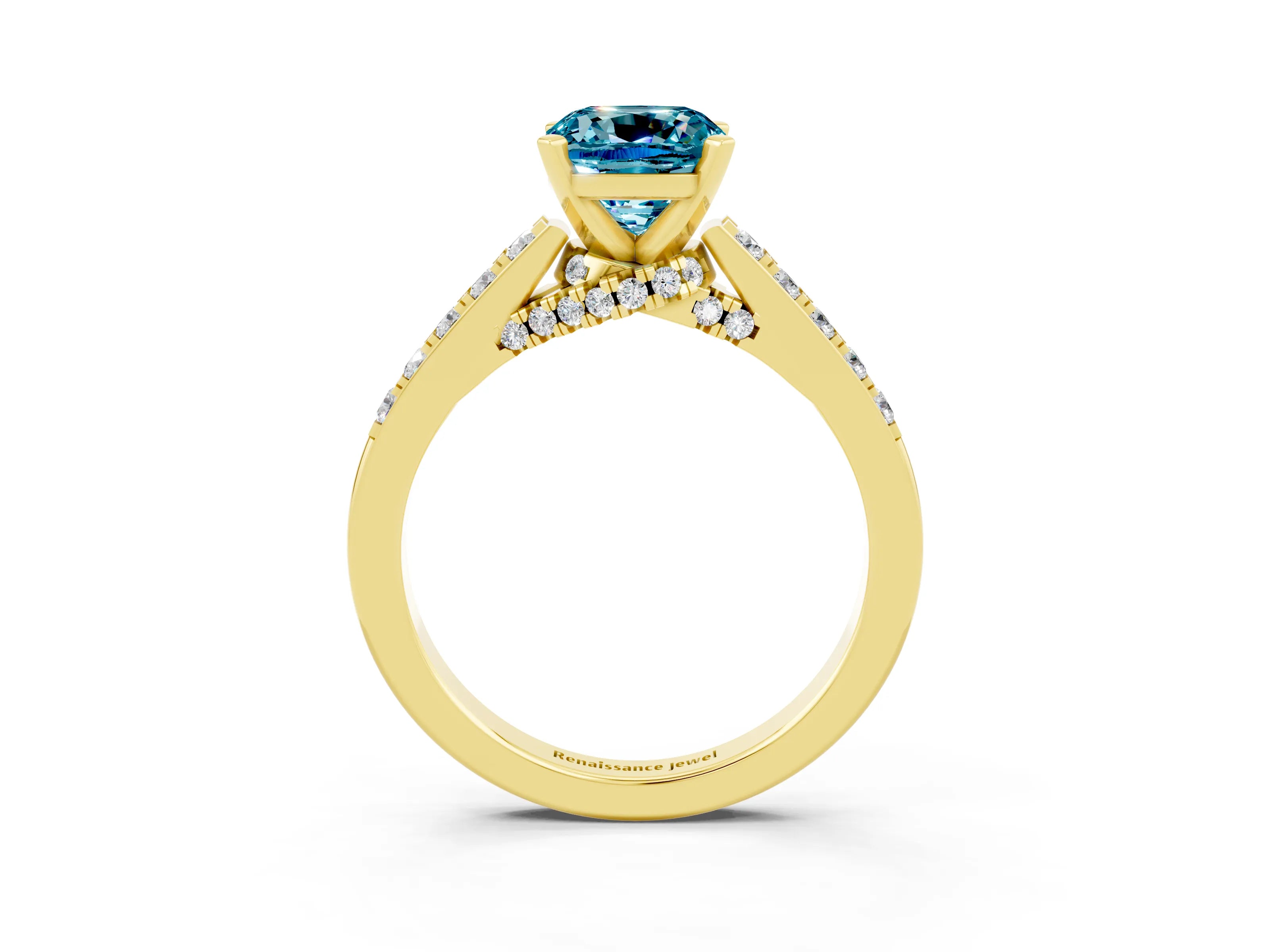 Yellow gold Cushion Cut Diamond Solitaire Ring with Pavé Band and Prong Setting_3
