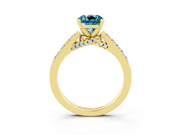 Yellow gold Cushion Cut Blue Topaz Solitaire Ring with Crossover Gallery and Round  Pavé Band