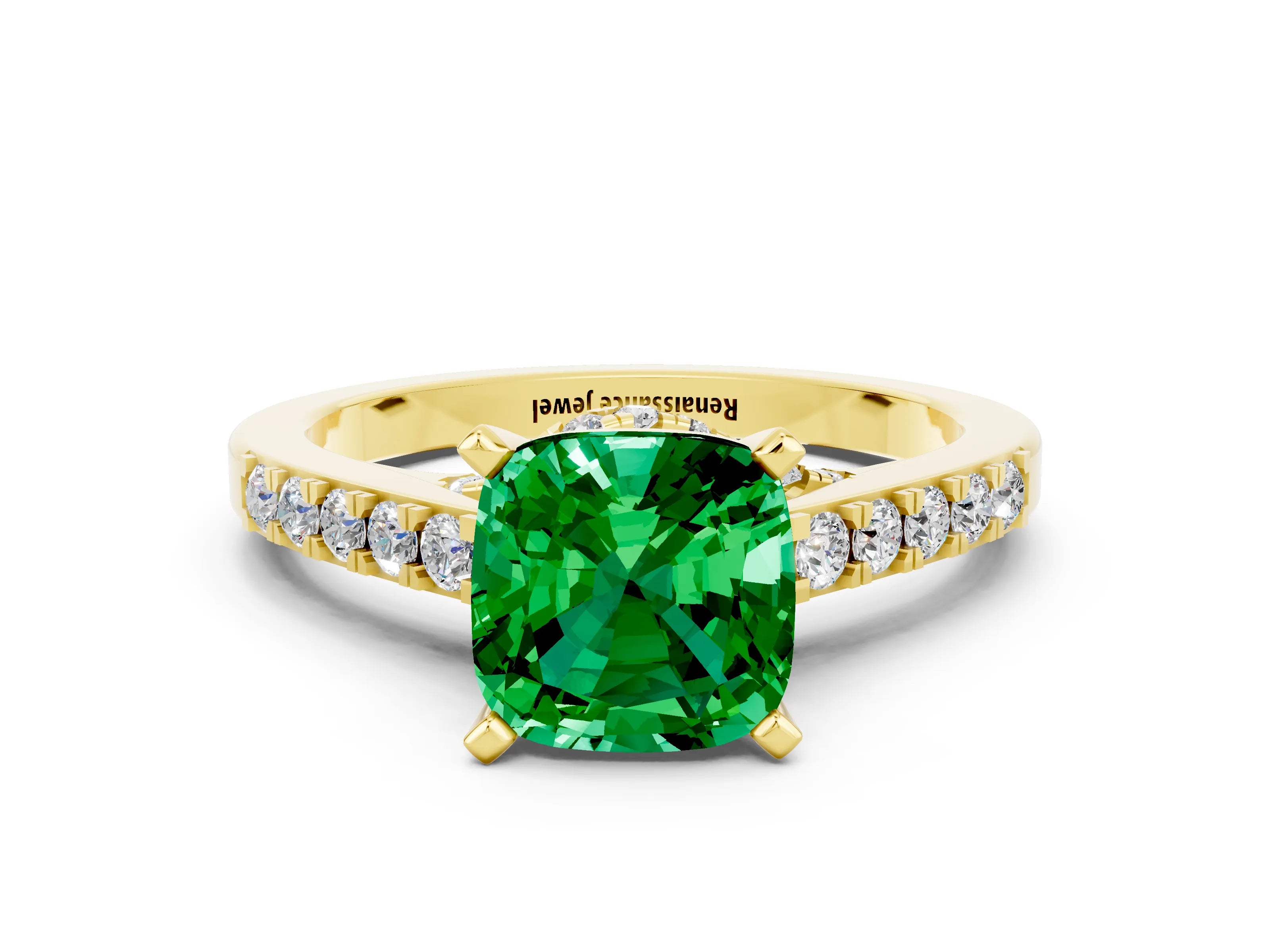 Yellow gold Cushion Cut Diamond Solitaire Ring with Pavé Band and Prong Setting