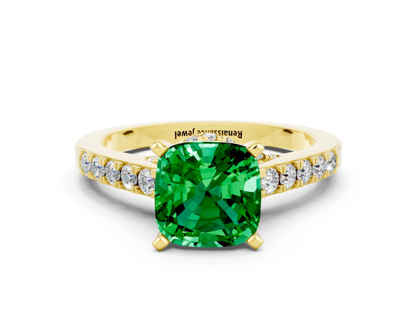 Yellow gold Cushion Cut Emerald Solitaire Ring with Crossover Gallery and Round  Pavé Band