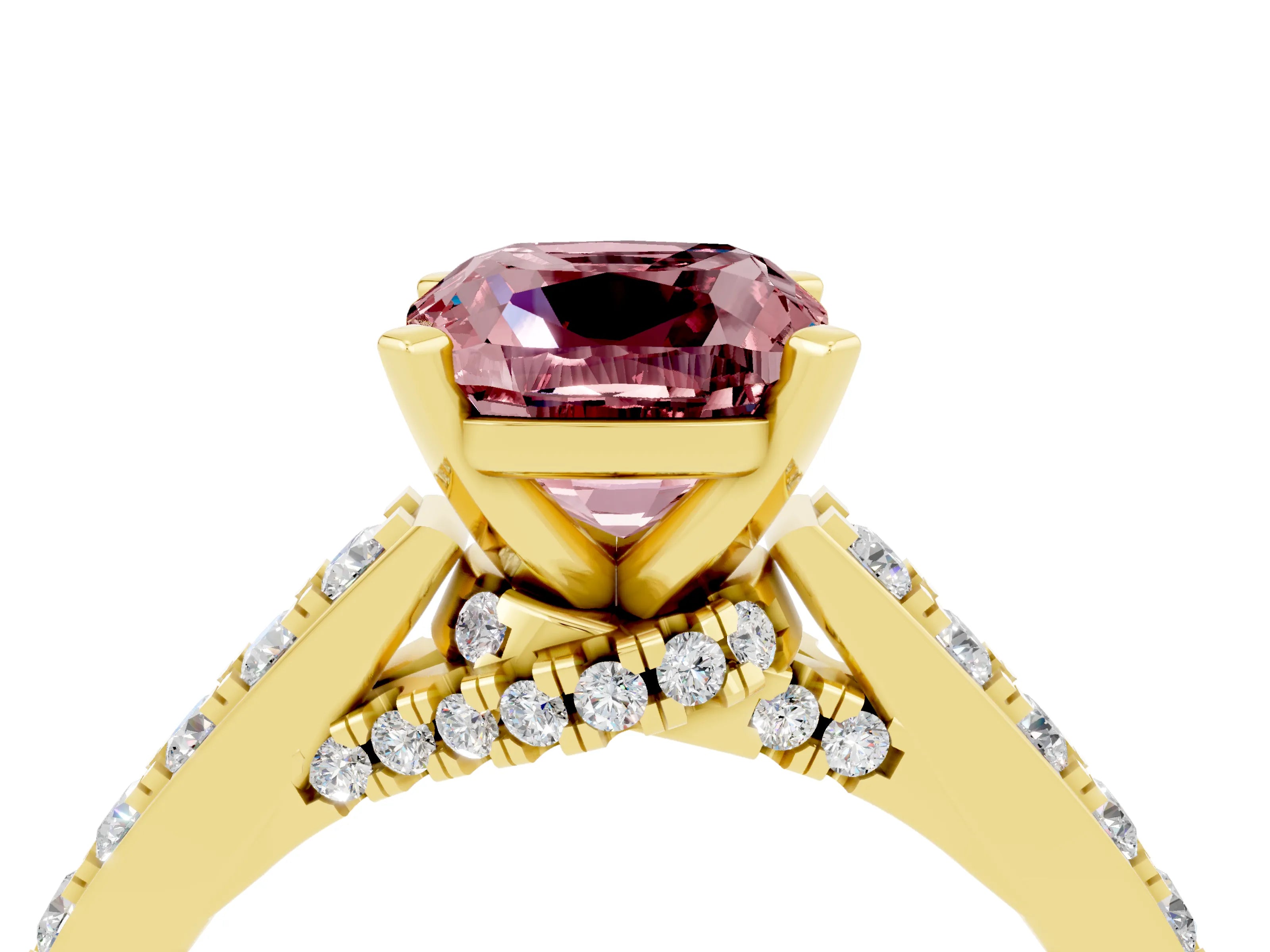 Yellow gold Cushion Cut Diamond Solitaire Ring with Pavé Band and Prong Setting_4
