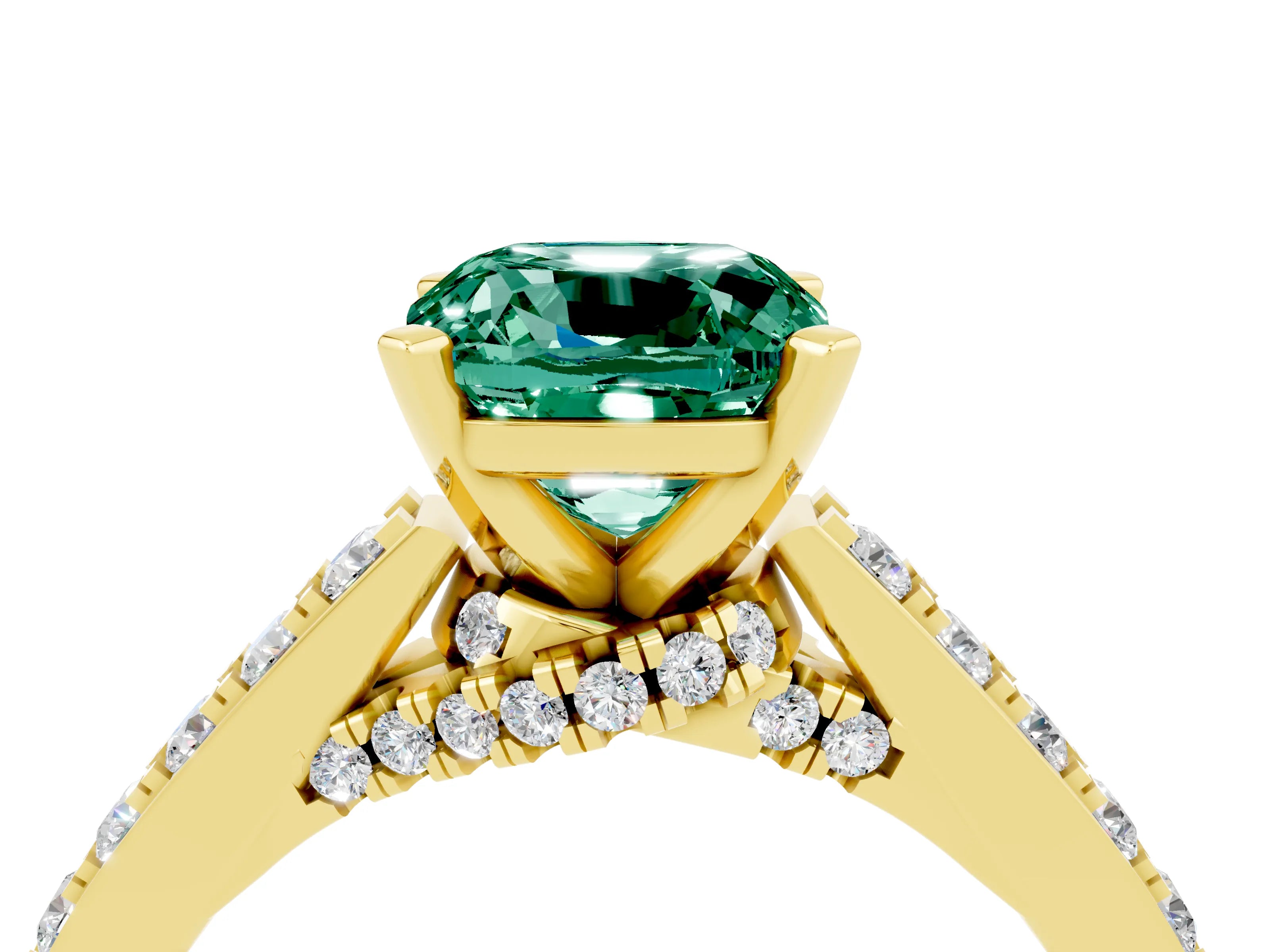 Yellow gold Cushion Cut Diamond Solitaire Ring with Pavé Band and Prong Setting_4