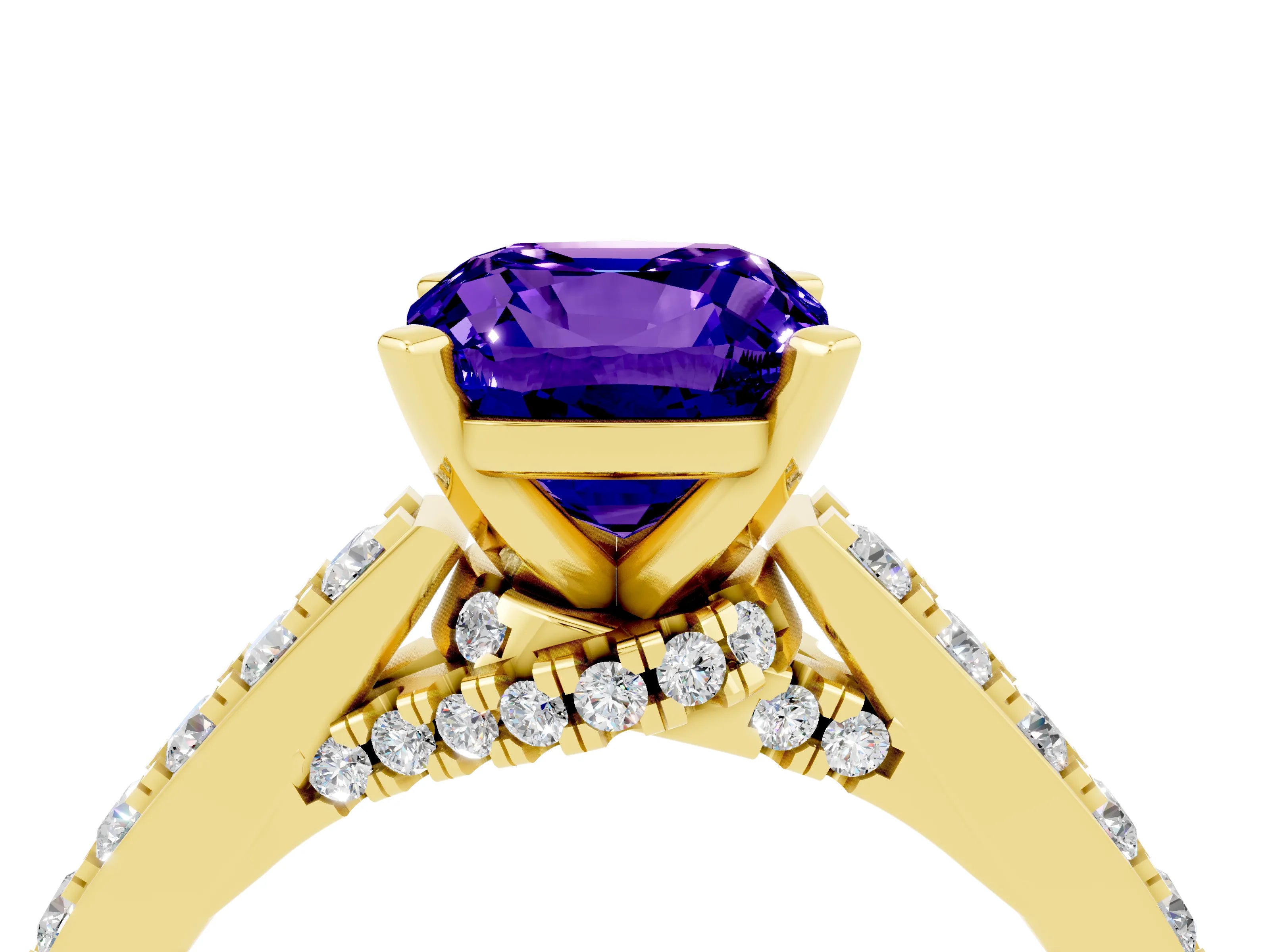 Yellow gold Cushion Cut Diamond Solitaire Ring with Pavé Band and Prong Setting_4
