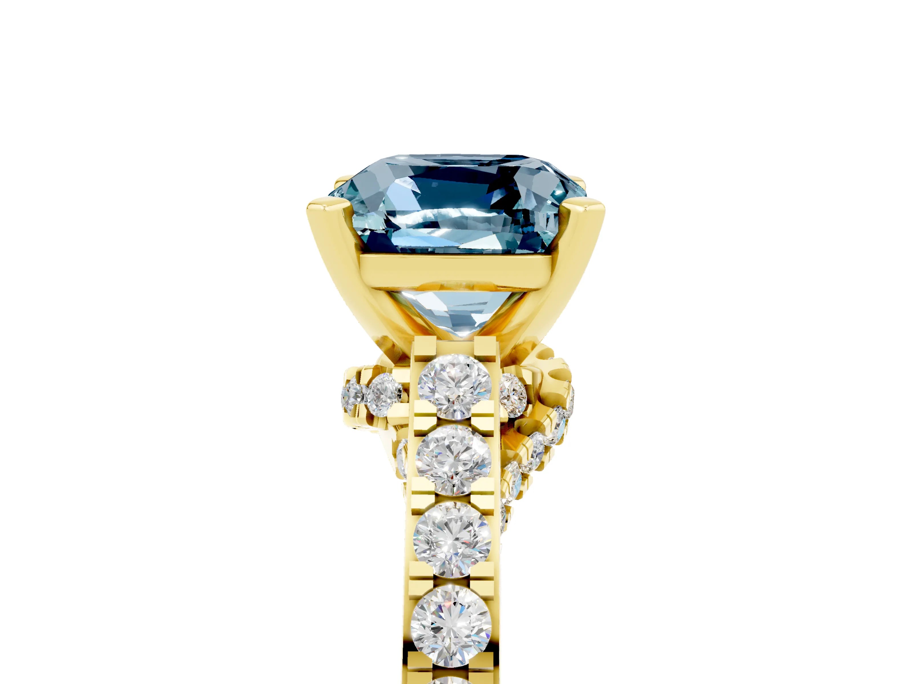 Yellow gold Cushion Cut Diamond Solitaire Ring with Pavé Band and Prong Setting_5