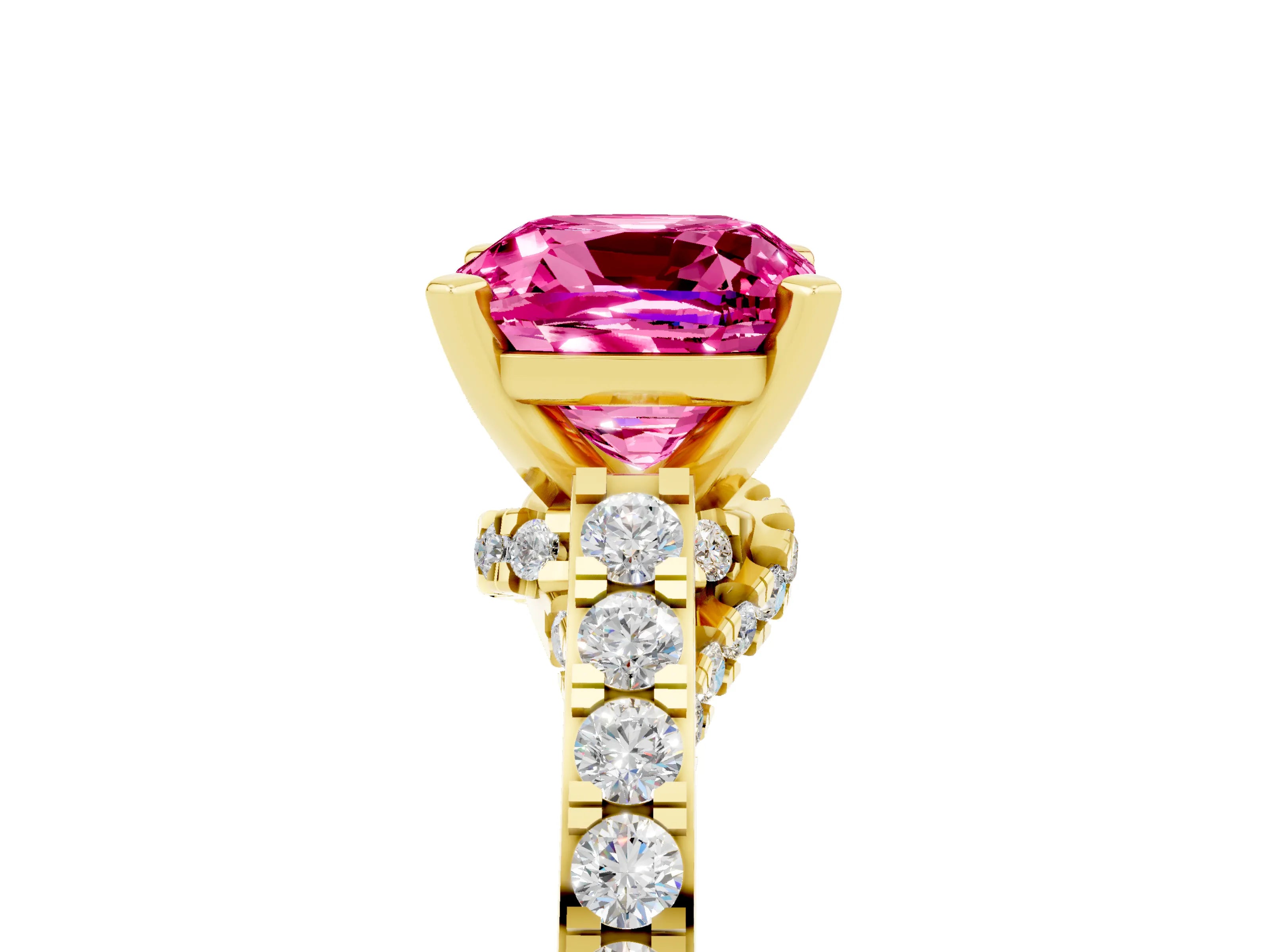Yellow gold Cushion Cut Diamond Solitaire Ring with Pavé Band and Prong Setting_5
