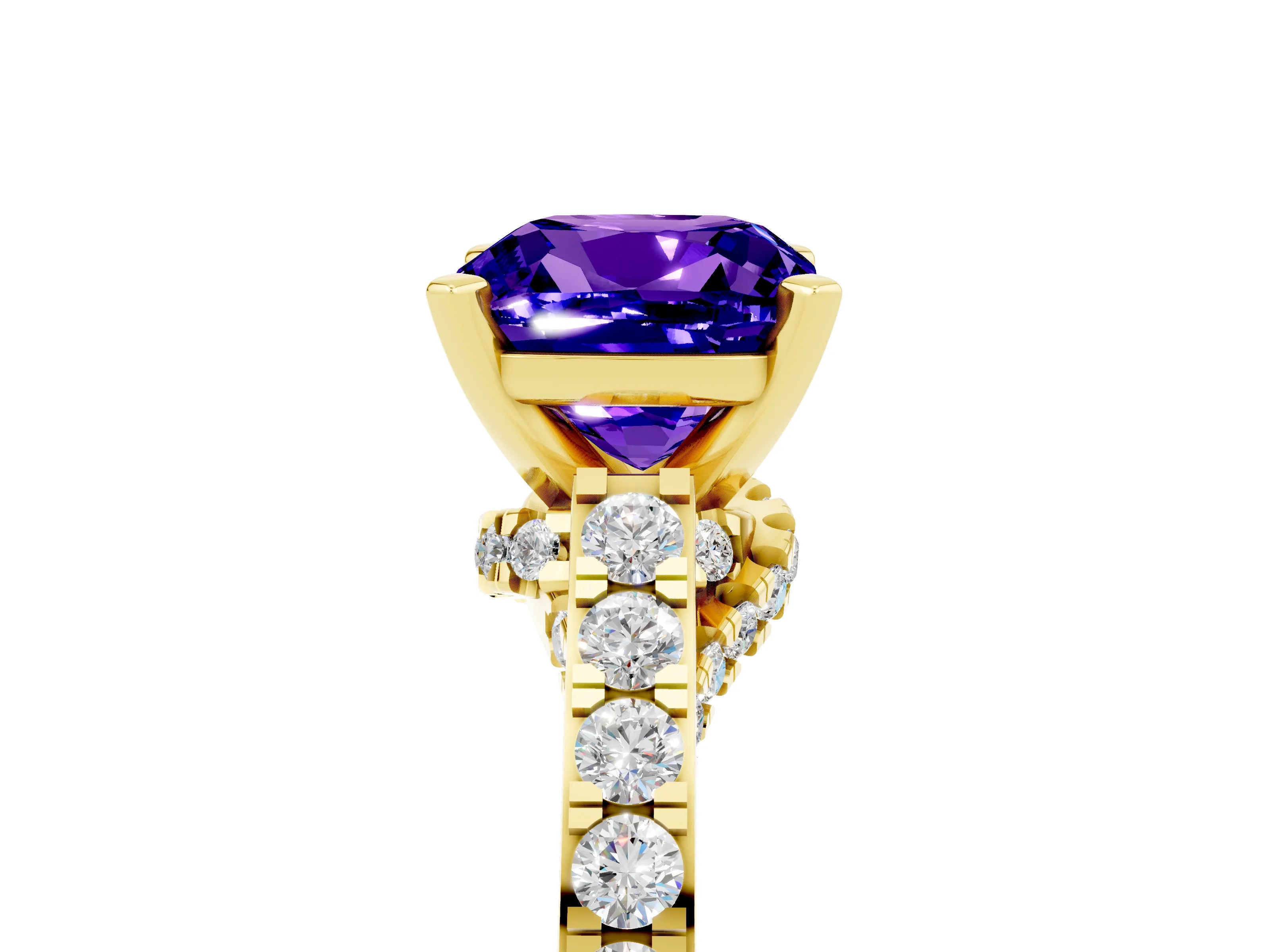 Yellow gold Cushion Cut Diamond Solitaire Ring with Pavé Band and Prong Setting_5
