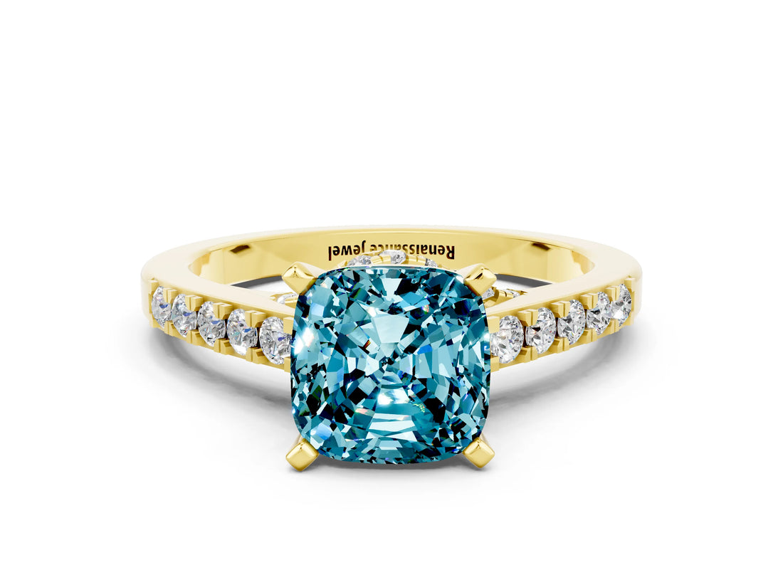 Yellow gold Cushion Cut Diamond Solitaire Ring with Pavé Band and Prong Setting