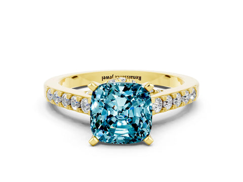 Yellow gold Cushion Cut Diamond Solitaire Ring with Pavé Band and Prong Setting