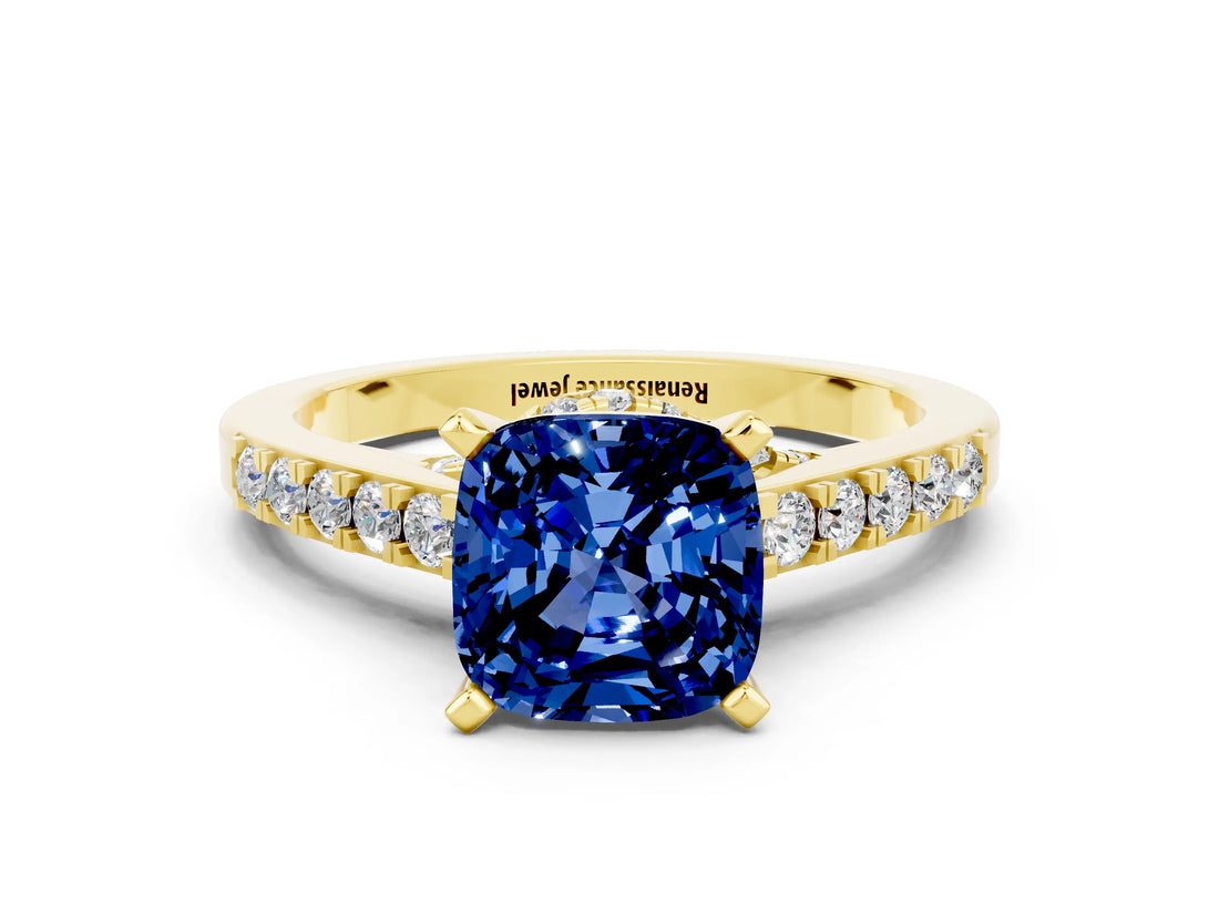 Yellow gold Cushion Cut Diamond Solitaire Ring with Pavé Band and Prong Setting