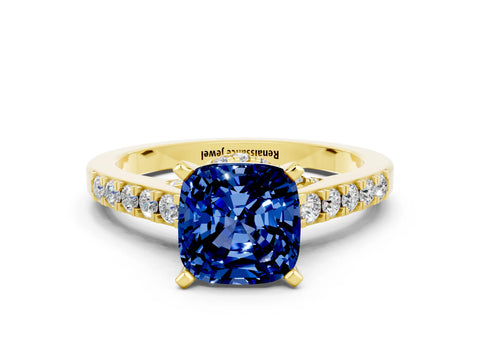 Yellow gold Cushion Cut Diamond Solitaire Ring with Pavé Band and Prong Setting