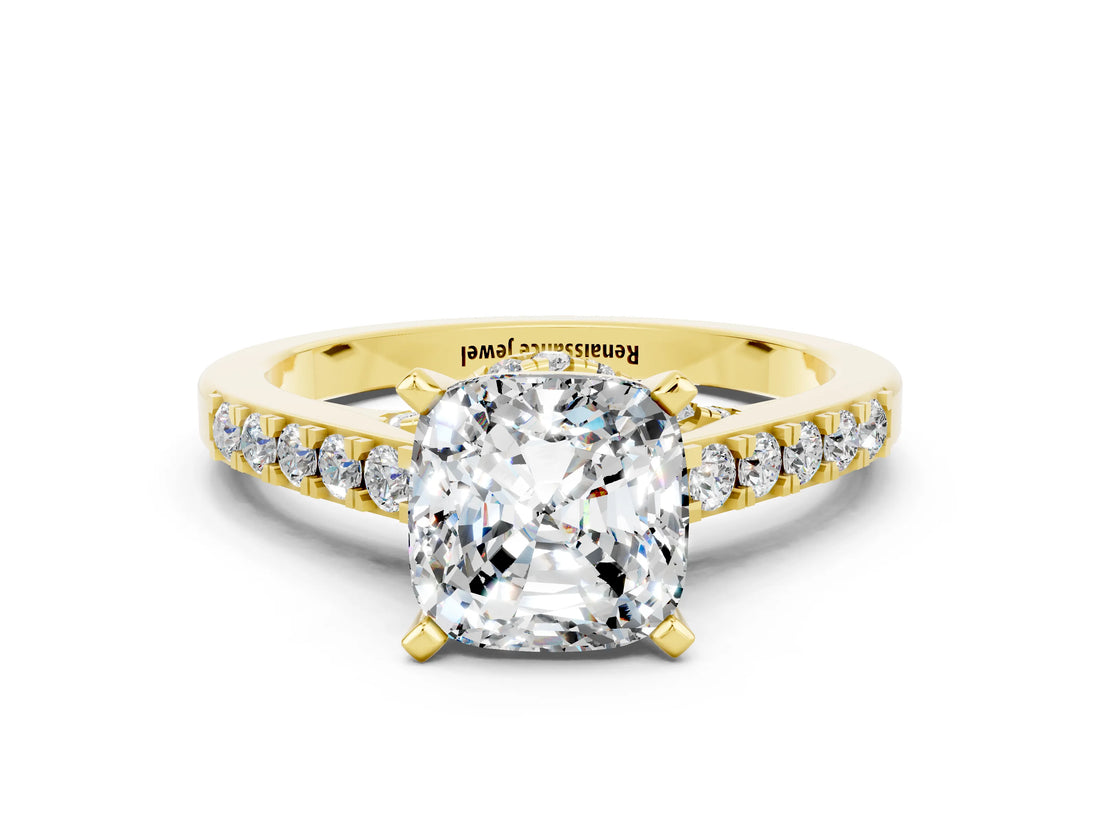 Yellow gold Cushion Cut Diamond Solitaire Ring with Pavé Band and Prong Setting