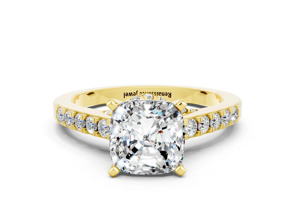 Yellow gold Cushion Cut Moissanite Solitaire Ring with Crossover Gallery and Round  Pavé Band